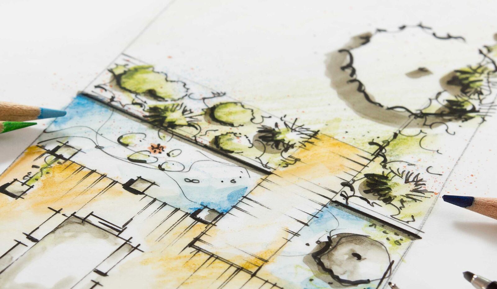 Watercolour landscape plan on a drawing board
